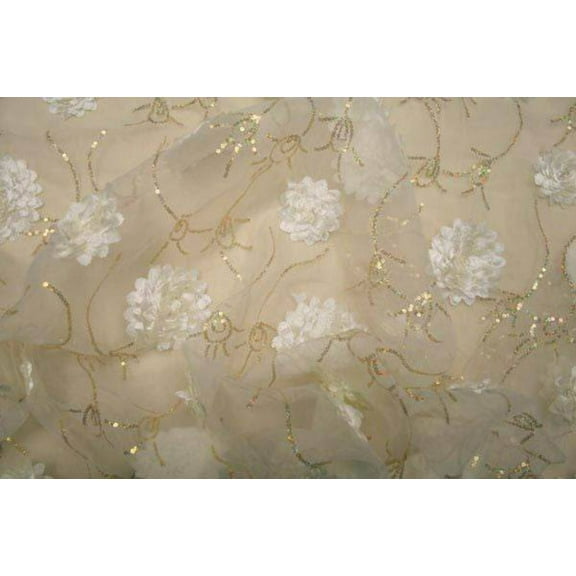 BRIDELY Embroidered Sheer Mesh Fabric, 58 Inch. in Width, Sample 3x3 Inch / Ivory/Gold