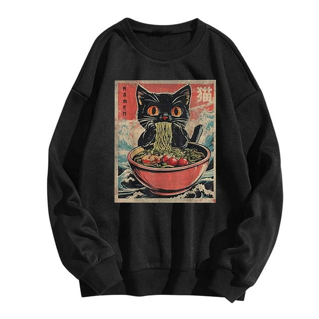 T-Shirts Graphiques Drôles Japonais Chat Ramen Mignons Chandail à Capuchon Anime Crop Tops Femmes Chandail d'Entraînement Imprimé Vache Chandail en Molleton Confortable à Rayures Manches Longues Chandail Décontracté Femmes Couleur