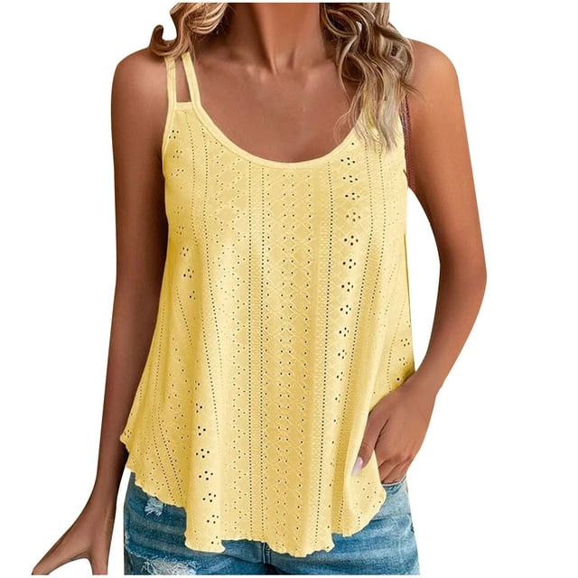 Mrat Camisoles Coupe Ajustée Mode Femmes Broderie Décontractée Col Rond Débardeurs Sans Manches T-Shirt Tops d'Été Débardeurs Amples S-20 Jaune TG
