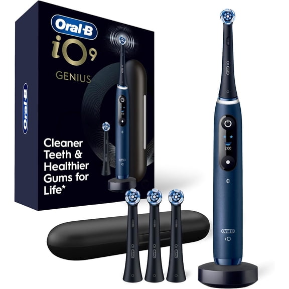 Oral-B Rechargeable Electric Toothbrush, iO9 Genius, 7 Cleaning Modes, Interactive Display, Charging Travel Case, Visible Pressure Sensor, 4 Brush Heads, Sapphire Blue