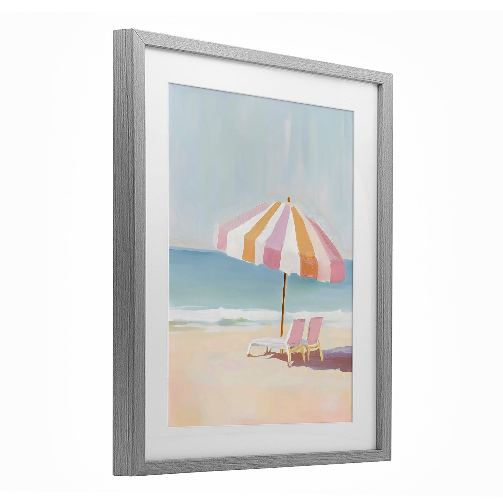 Stupell Industries Striped Umbrella & Chairs Gray Framed Print Under Glass, design by The Prints Vibe