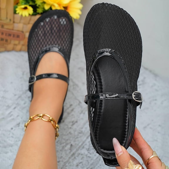 Lenago Mesh Ballet Flats for Women Fishnet Ballerina Flats Buckle Strap Mary Jane Flats Causal Daily Dress Shoes Daily Office Dress Shoes Summer Beach Fashion Black Size-5.5
