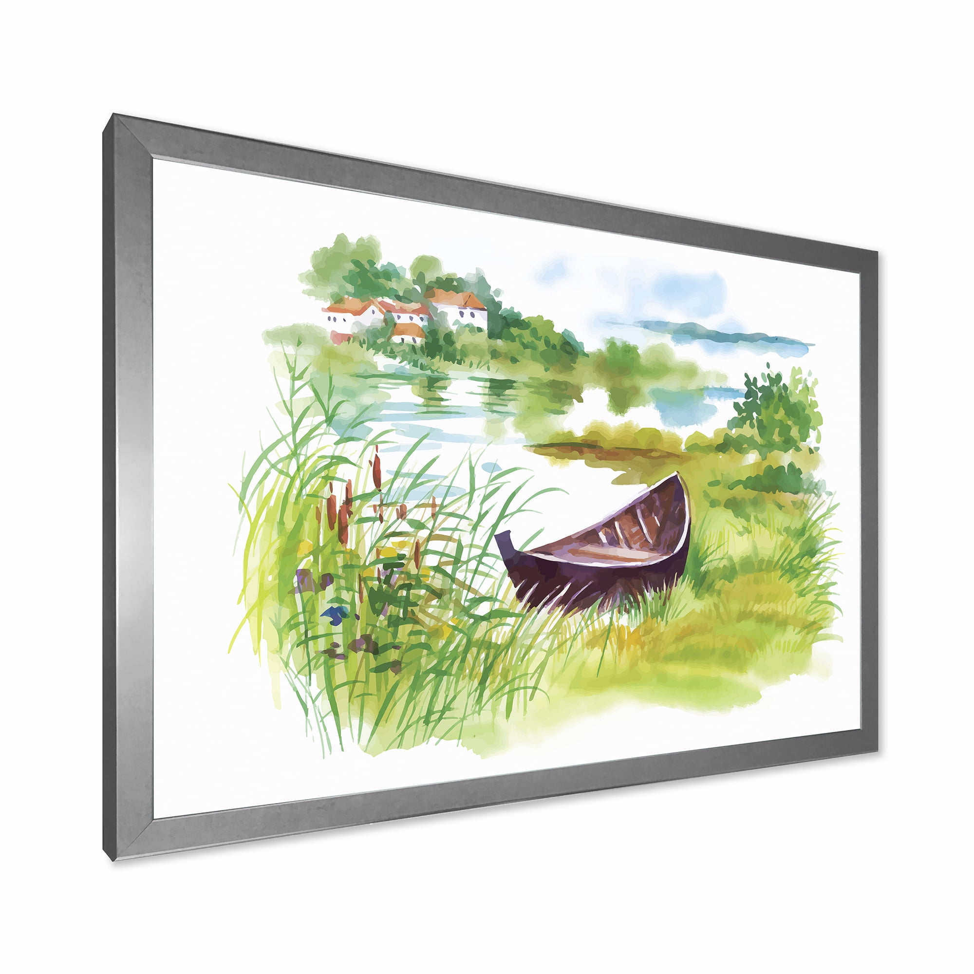 Designart 'Rural Green Landscape With Boat In Lake' Lake House Framed Art Print
