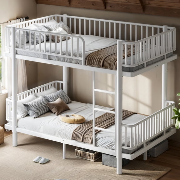 URTR Full over Full Metal Bunk Bed with Ladders & Guardrails, Convertible to 2 Full Platform Beds, Upgraded Round-Pipe Frame for Teens & Adults, No Box Spring Needed, Light White