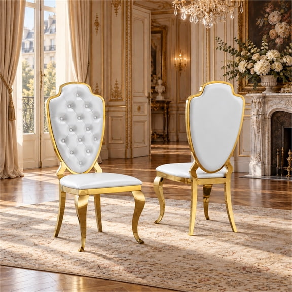 Sumdeal Tufted Faux Leather Dining Chairs, White and Gold, Set of 2