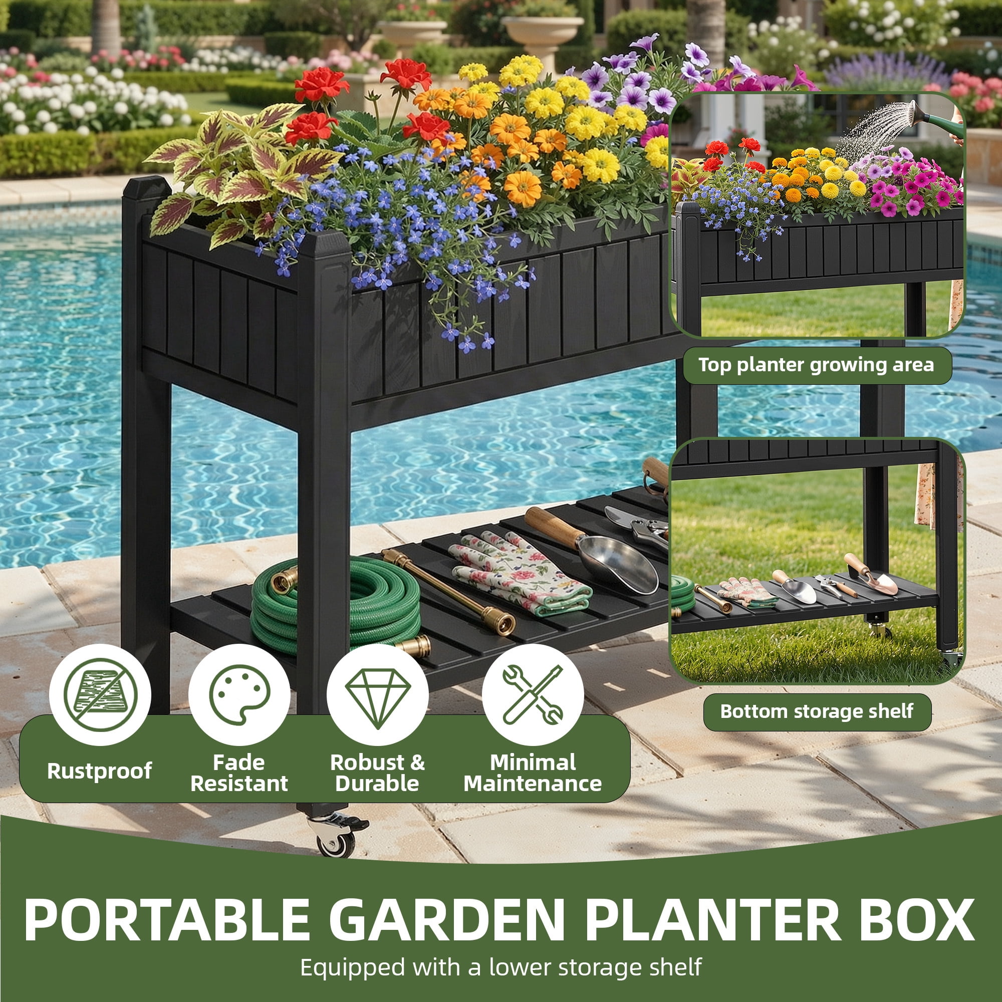 Uforic Mobile Raised Garden Bed 42.5x17.3x35.4 in, Elevated Plastic Planter Box with Drain Plug, Storage Shelf & Wheels, Black