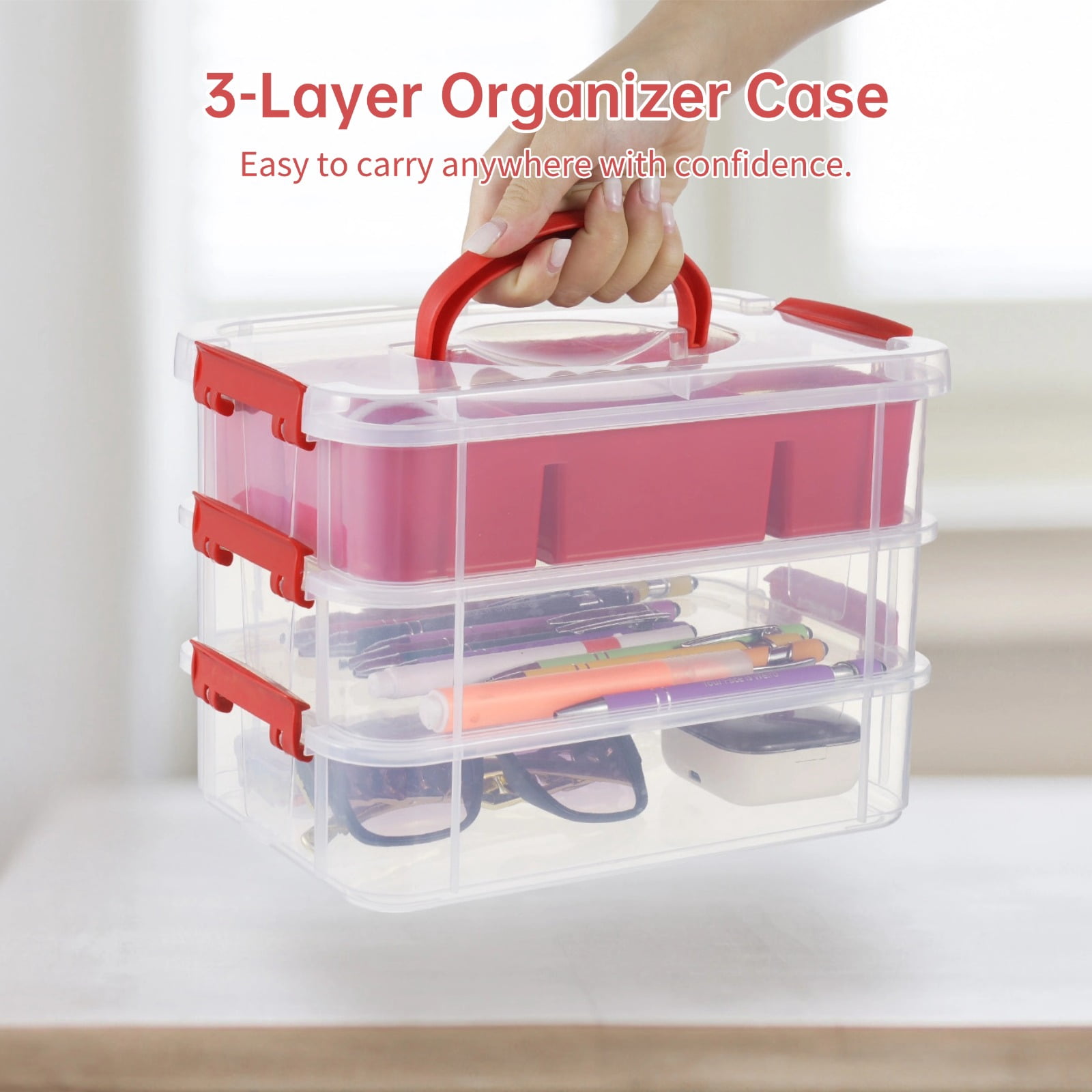 3-Layer Organizer Case Stack & Carry Box, Plastic Multipurpose Storage Container Box, Portable Handled Storage Box with Removable Tray for Organizing Sewing Supplies