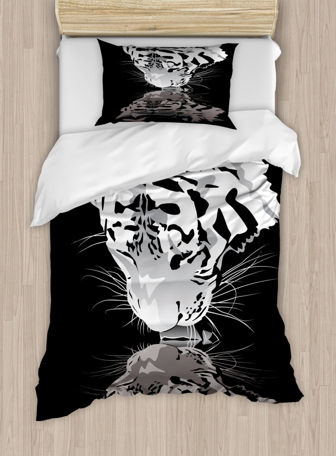 White Tiger Duvet Cover Set Twin Size, Wild Mammal Drinking Water