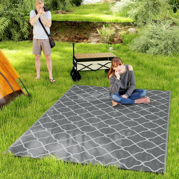 Outsunny Waterproof Outdoor Rug, 6' x 9' RV Mat Grey & White Net