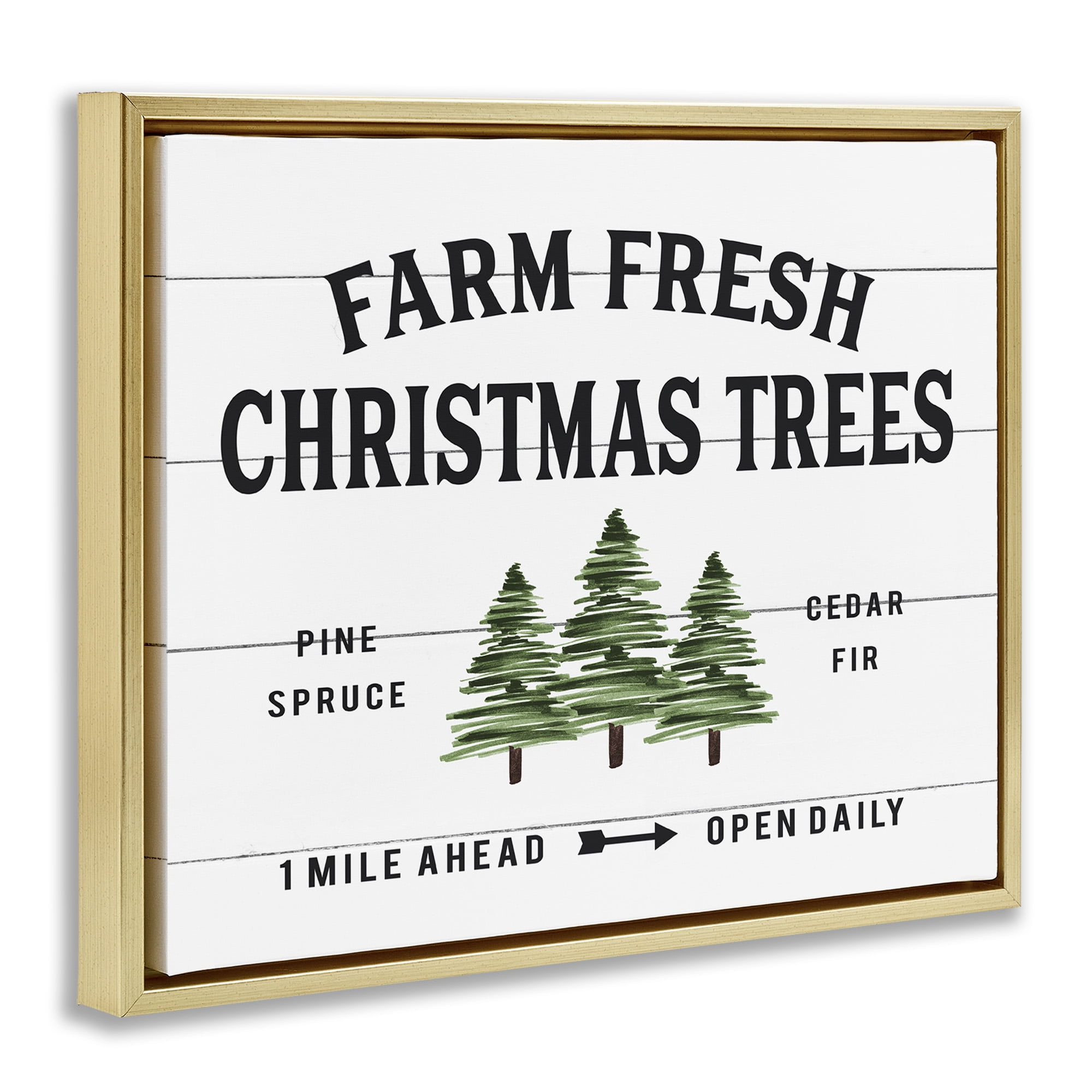 Stupell Industries White Farmhouse Christmas Tree Sign Holiday Painting Gold Floater Framed Canvas Art Print Wall Art, 21 x 17