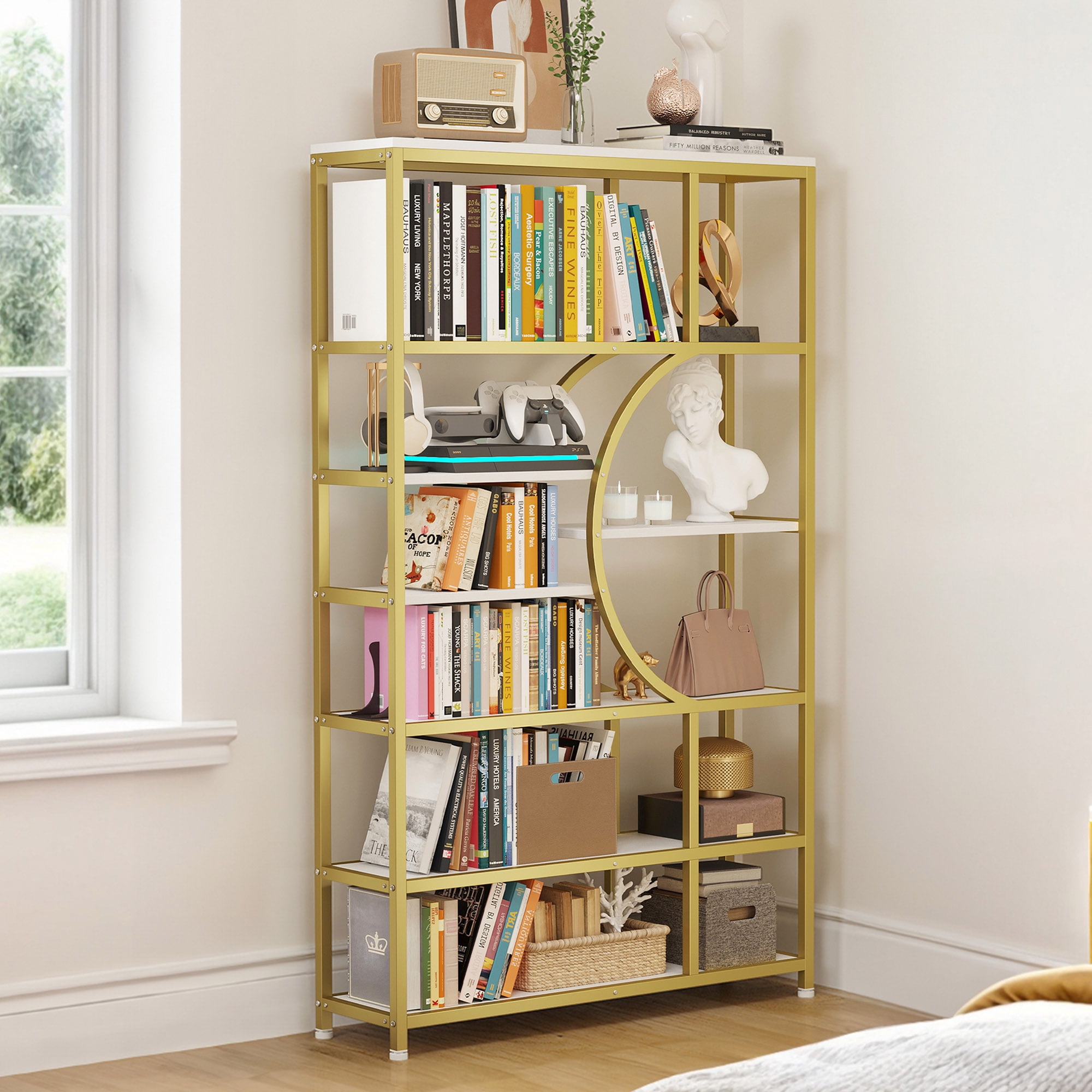 Dextrus 7-Tier Gold Bookshelf, 71" Tall Etagere Bookcase with Metal Frame, Geometric Large Book Shelves for Bedroom, Living Room, Home Office, Rustic Brown