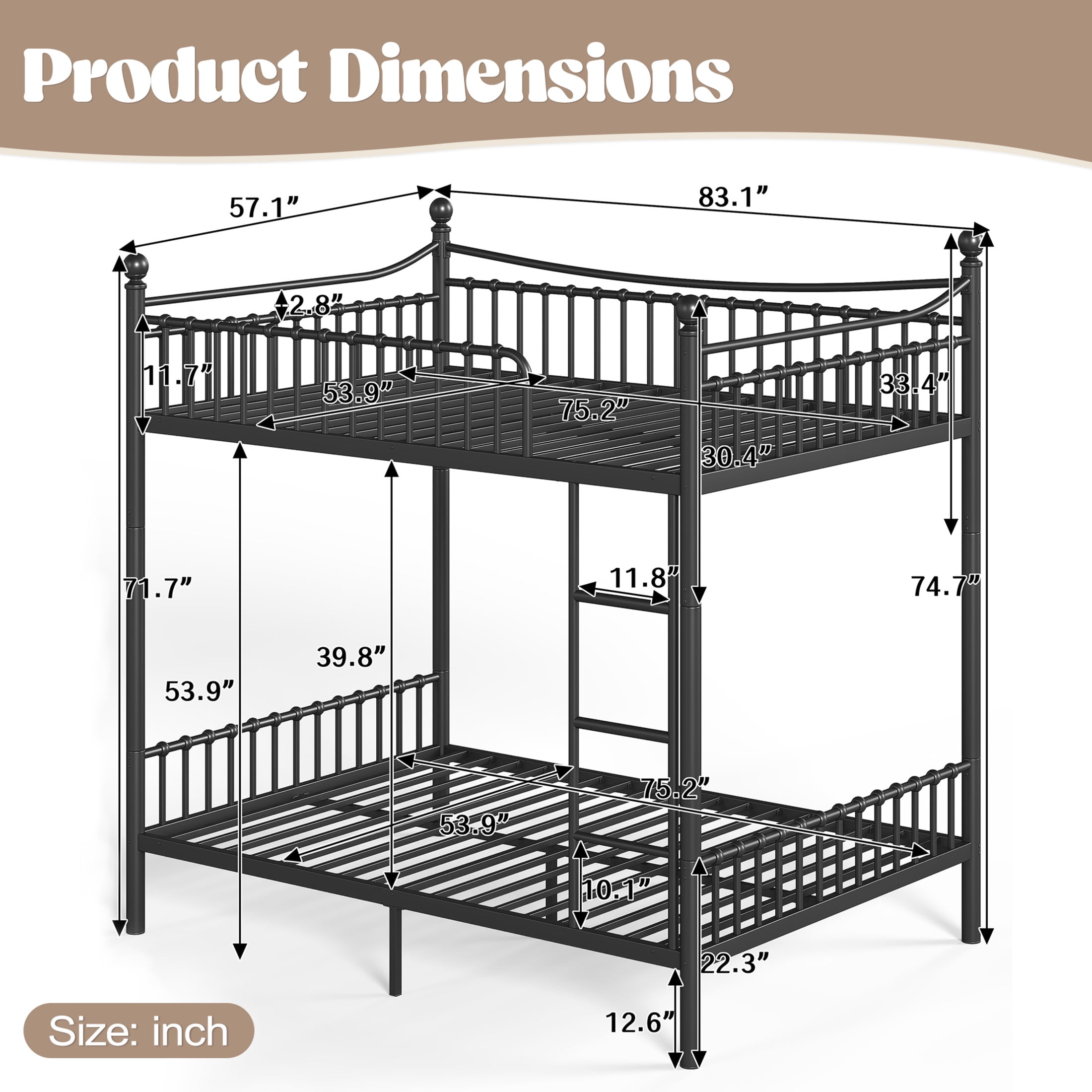 GDF Studio Full over Full Metal Bunk Bed with Curved Guardrails, Round Tube Frame, Black