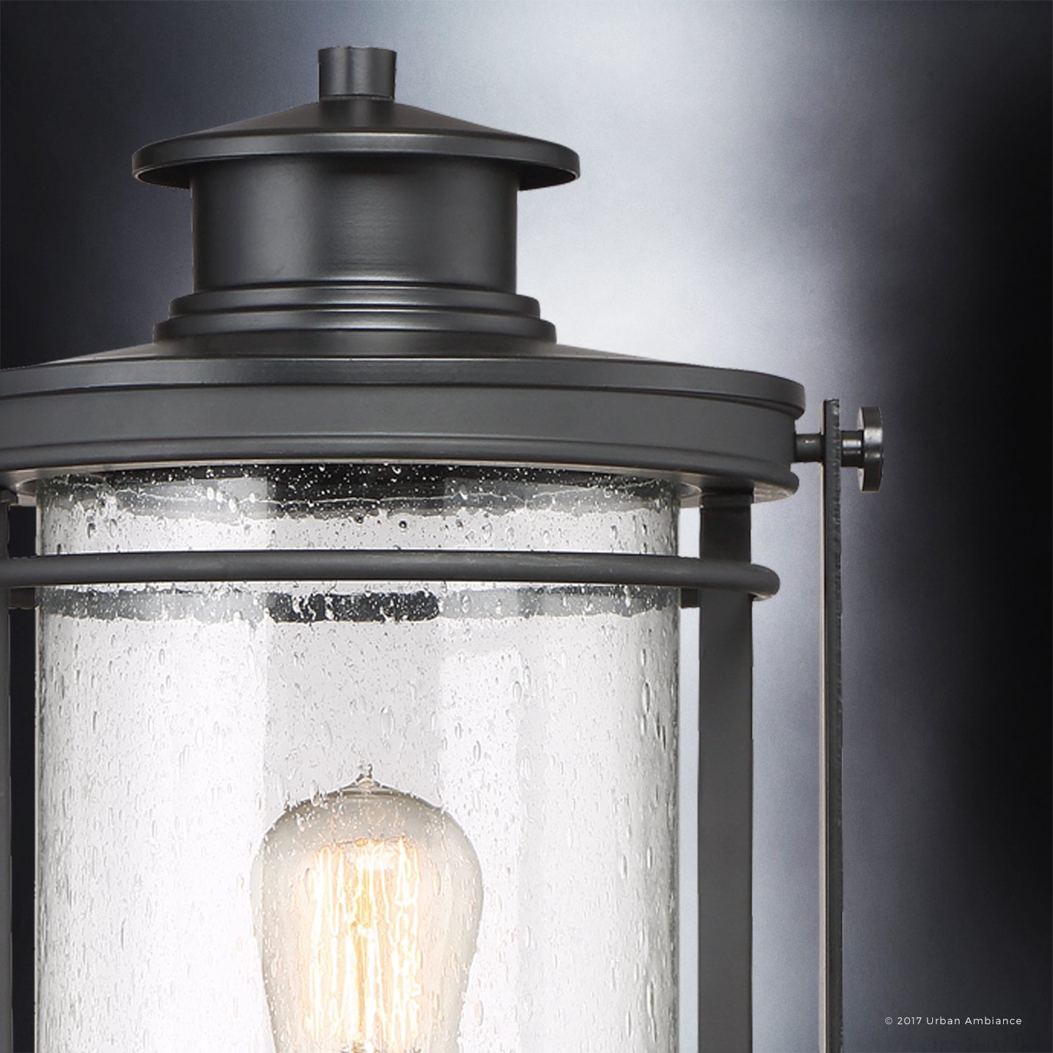 Urban Ambiance Luxury MidCentury Modern Outdoor Post Light, Medium Size: 19.5"H x 10.5"W, with Craftsman Style Elements, High-End Black Silk Finish and Seeded Glass, Includes Edison Bulb, UQL1010