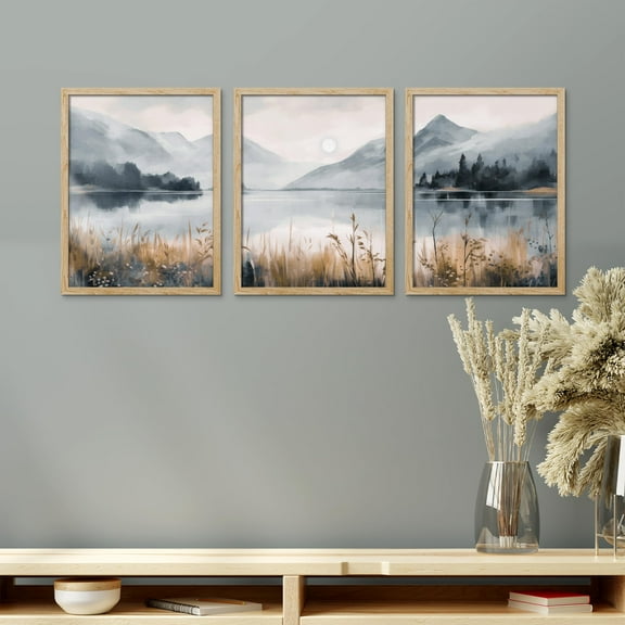 PixonSign Framed Canvas Print Wall Art Set - Vintage Style Mountain Lake Landscape Posters - Set of 3 Pastel Colorful Country/Farmhouse Wall Décor for Bedroom, Office - 12"x16" Natural