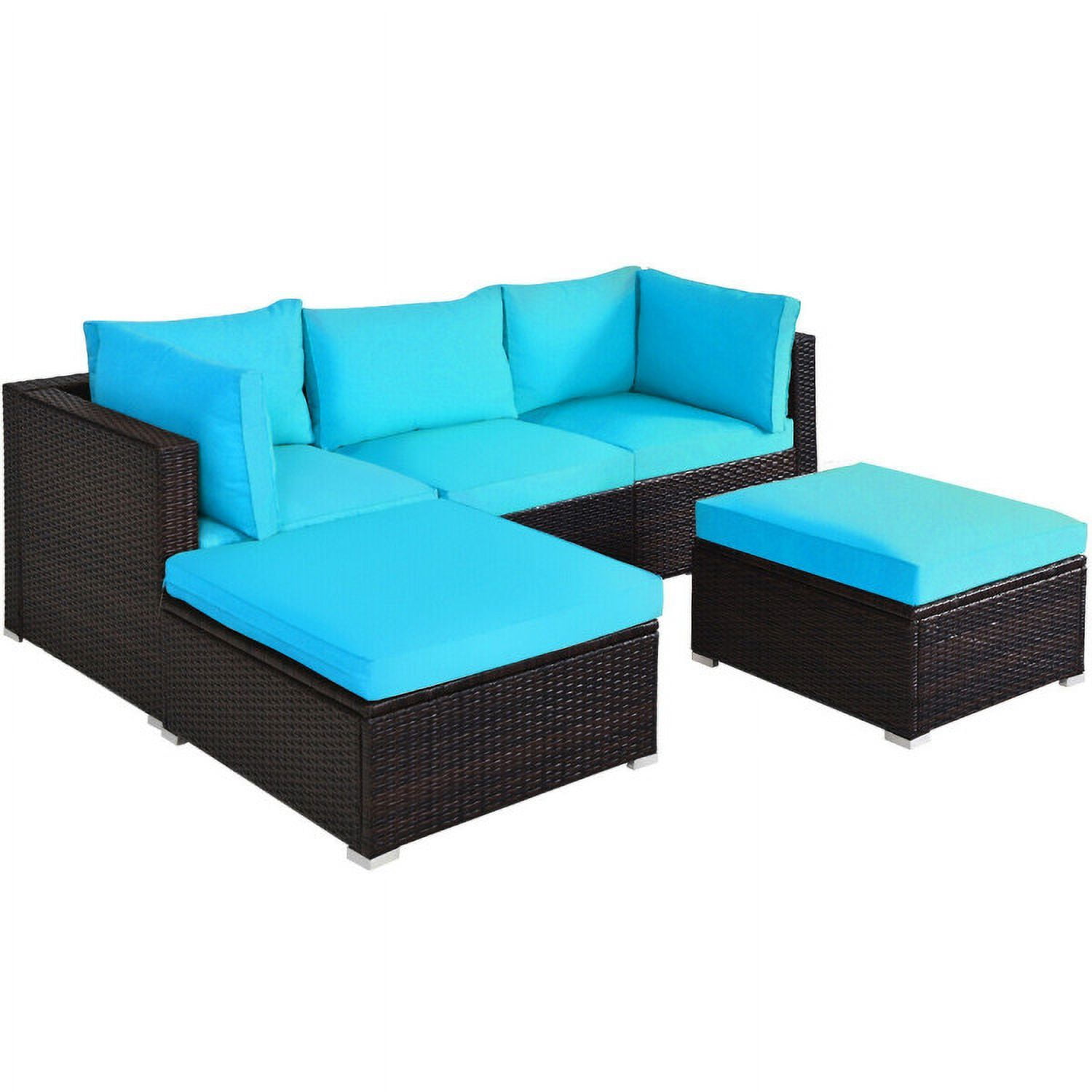 Aimee Lii 5 Pieces Patio Rattan Sectional Conversation Ottoman Furniture Set, Outdoor Patio Set, Blue Aimee Lii 5 Pieces Patio Rattan Sectional Conversation Ottoman Furniture Set, Outdoor Patio Set, Blue