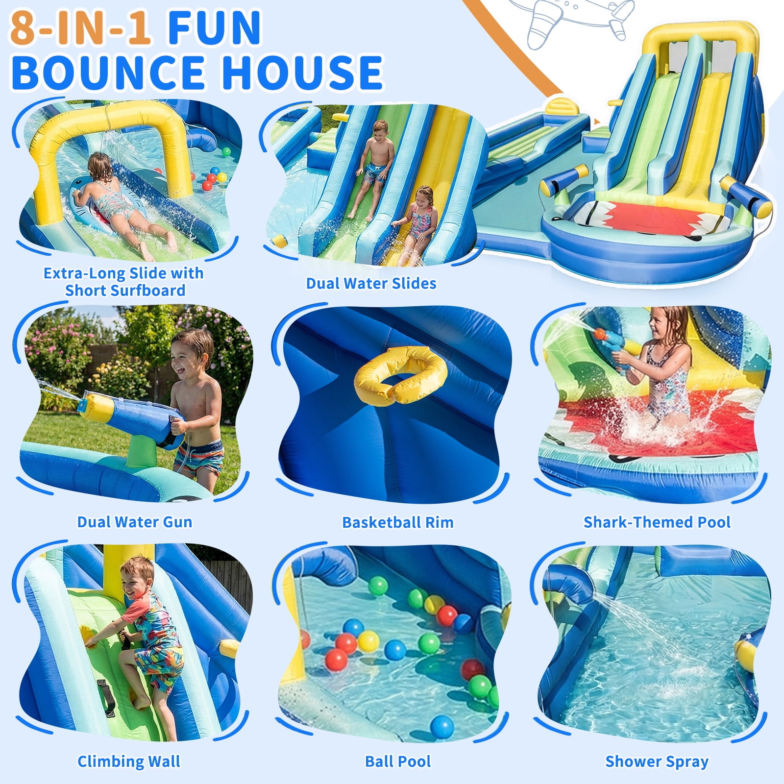 Ktaxon 8-in-1 Inflatable Water Slide Bounce House with Blower, 232" x 177" x 83", Shark Themed Water Park, Dual Slide & Long Slide for Kids Backyard