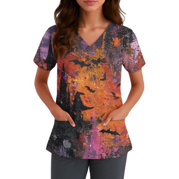 Halloween Scrub Tops for Women Soft Stretch Funny Print Nurse Hospital Tees with Pockets, 3XL