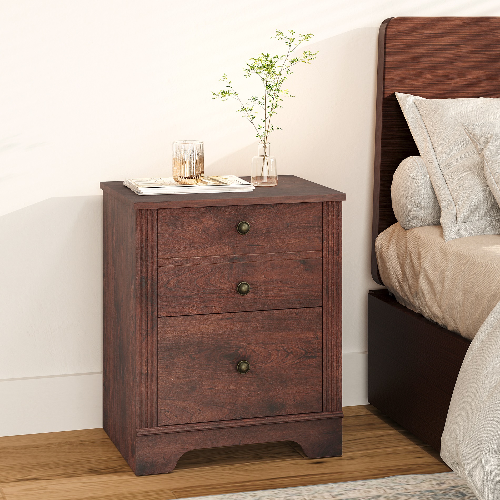 Traditional Side Table Set of 2, End Table with Two Sliding Large Drawers for Bedroom, Rustic Brown