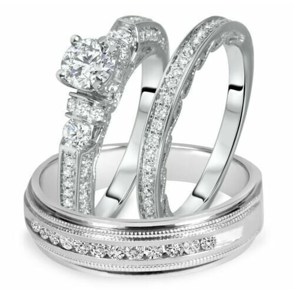Sparkle Jewels Round Cut CZ Wedding Ring Band Trio Set 14k White Gold Finish