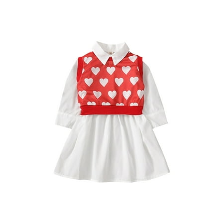 

Bebiullo Children Girl Clothes My 1st Vanlentine s Day Heart Printing Knitted Vest One-Piece Shirt Dress White 5-6 Years
