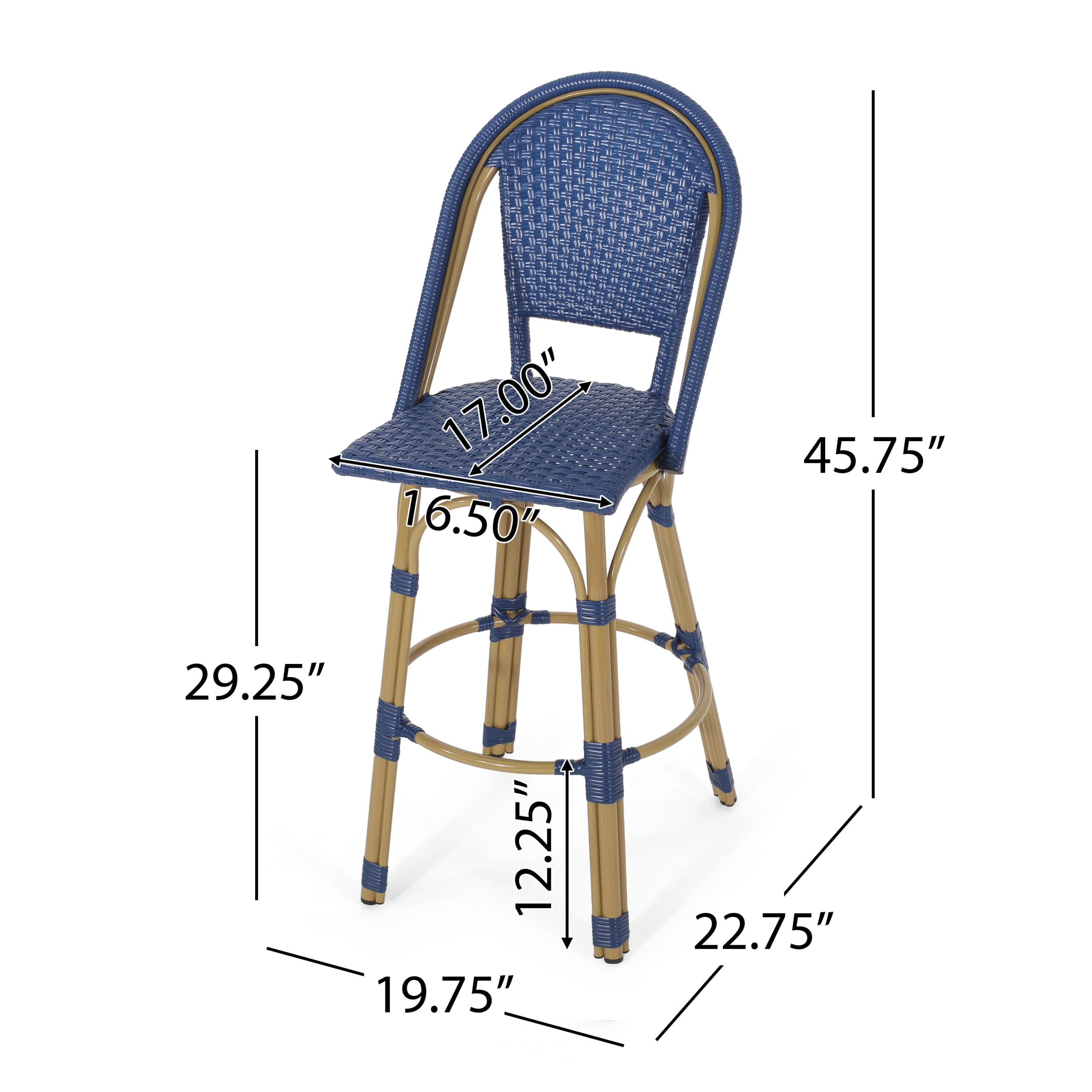 Cortina Wicker and Aluminum Outdoor 29.5 Inch Barstools, Set of 2, Navy Blue and Bamboo Finish