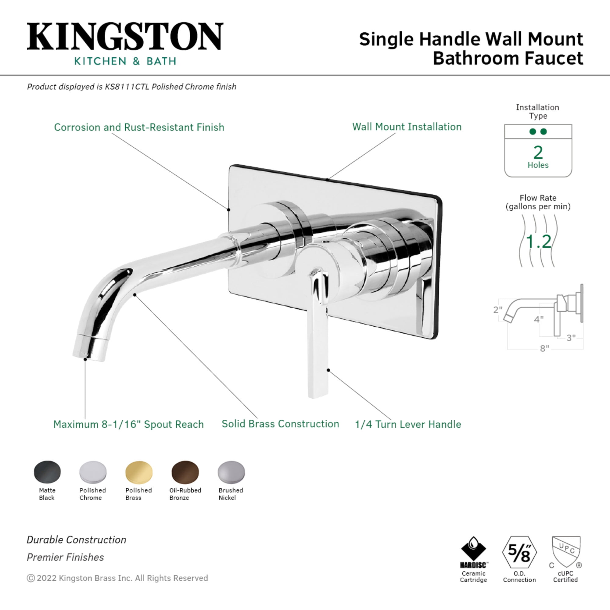 Kingston Brass KS8110CTL Continental Single-Handle Wall Mount Bathroom Faucet, Matte Black