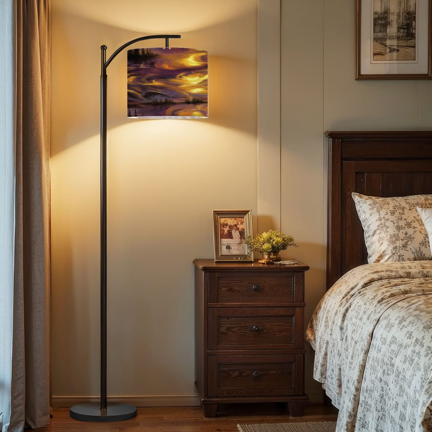 Arc Floor Lamp with Remote, Dimmable Bulb, Art Deco Arched Floor lamp Mystical Sunset Landscape Painting Rippling Lake Modern Standing Lamps with for Living Room, Bedroom, Office
