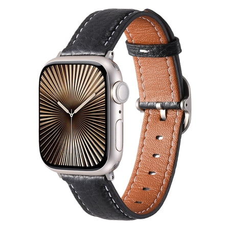 Slim Leather Band Compatible with Apple Watch 42/44/45/46/49mm,for Women Men,Quadrate&Round Arc Buckle Deaign,Lychee Leather Adjustable Classic Watch Band Strap Bracelet,Black
