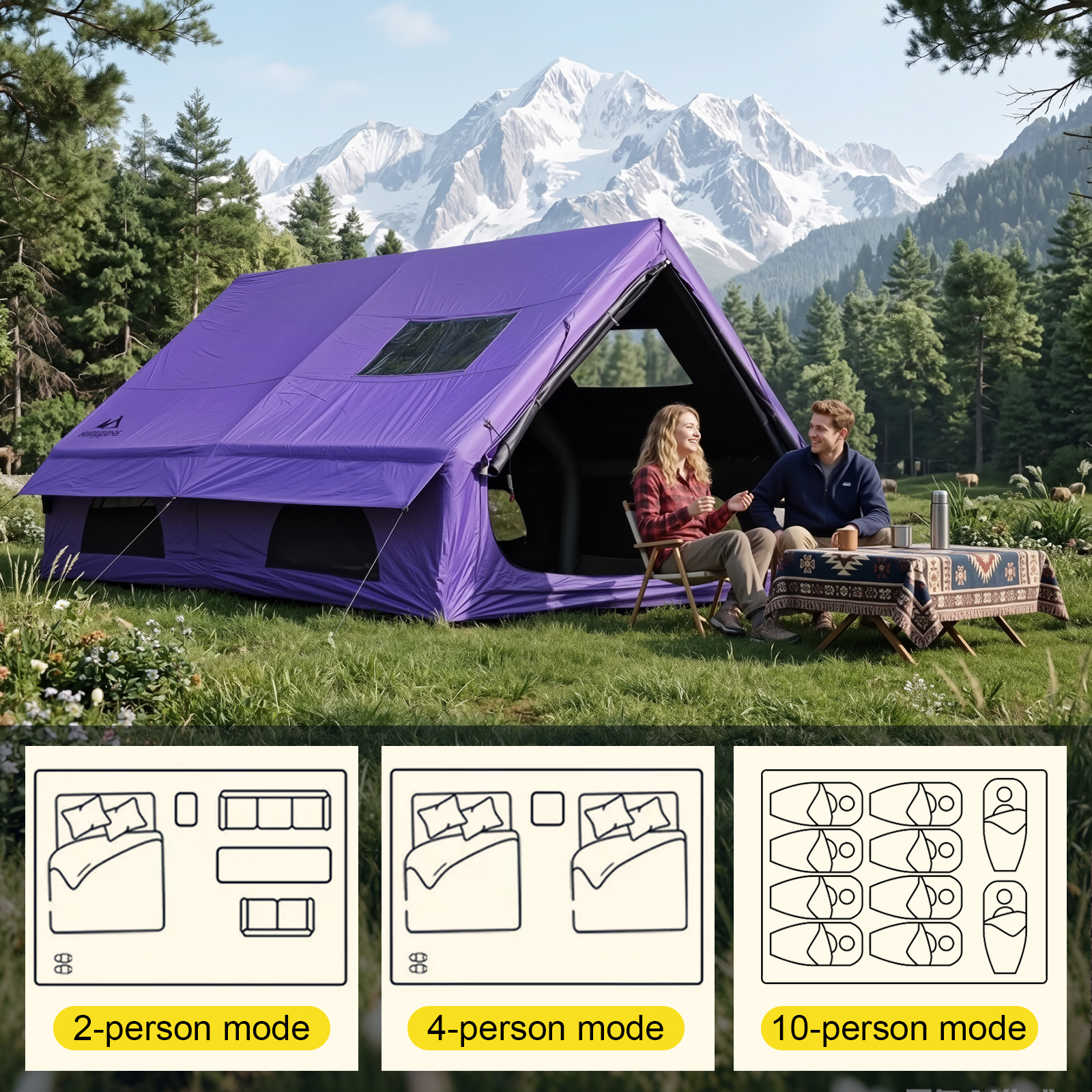 Carpa inflable para glamping de 8-10 personas, 129 pies cuadrados, con bomba manual, tela Oxford 420D, fácil instalación para exteriores y viajes 5