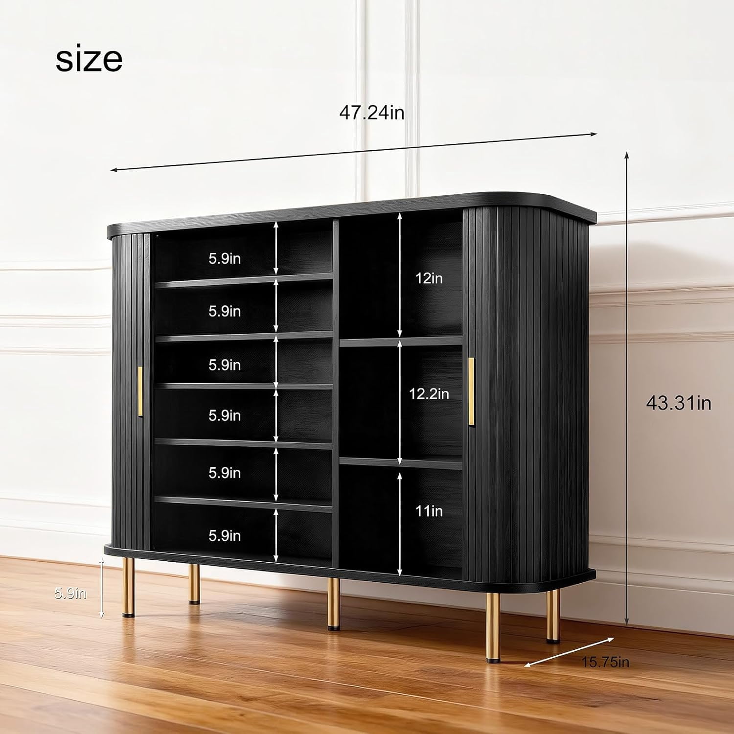 Shoe Storage Cabinet with Sliding Door, 6-Tier Shoe Cabinet with Adjustable Shelves, Mid-Century Modern Freestanding Shoe Storage Organizer for Entryway, Hallway, Living Room (Black)