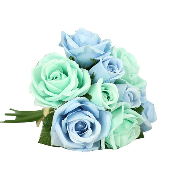 HAZIUA 9 Heads Artificial Silk Fake Flowers Leaf Rose Wedding Floral Decor Bouquet 10.2*6.3 in blue