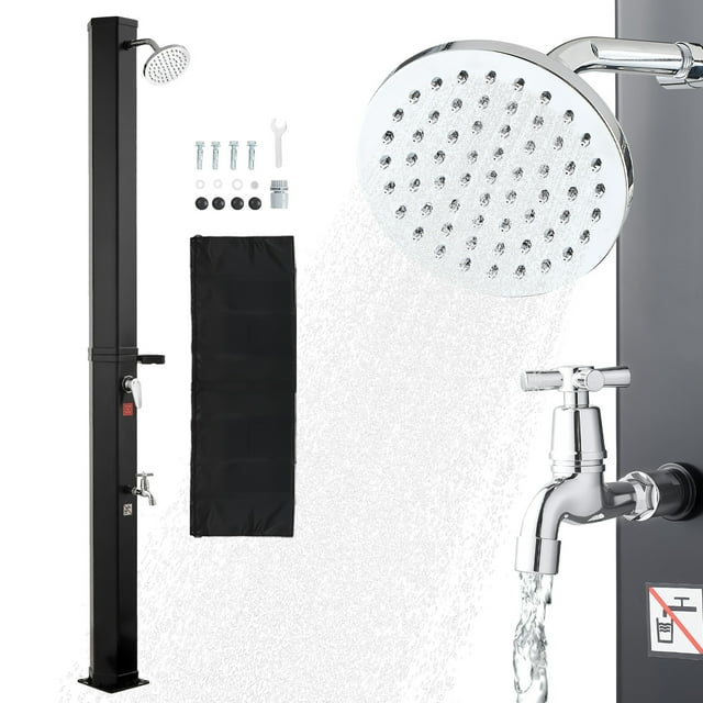 Ducha solar VEVOR de 9.2 galones, con cabezal de ducha de 6.4 pies de altura, grifo de pie y soporte para jabón, ajuste de agua fría y caliente, independiente para patio trasero, color negro.