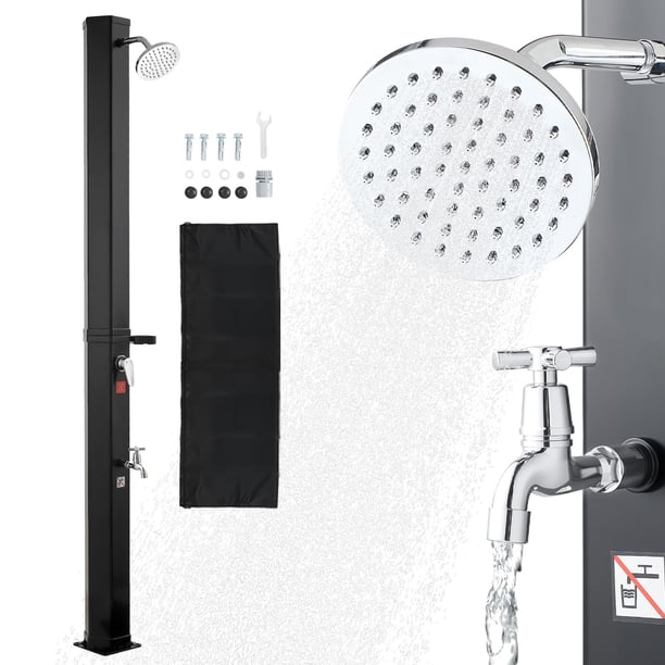 Ducha solar VEVOR de 9.2 galones, con cabezal de ducha de 6.4 pies de altura, grifo de pie y soporte para jabón, ajuste de agua fría y caliente, independiente para patio trasero, color negro.