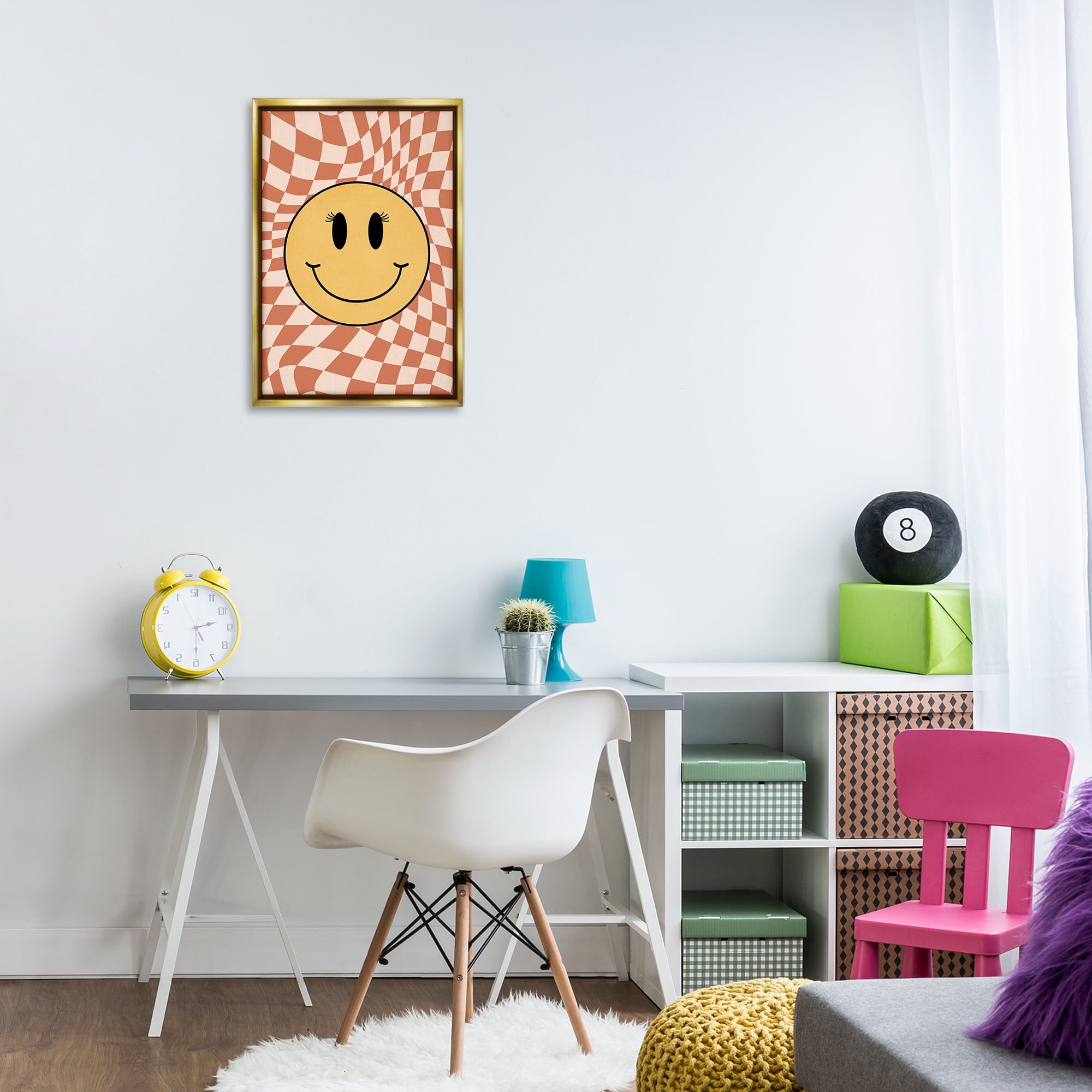 Stupell Industries Retro Checkered Smiley Novelty & Humor Painting Gold Floater Framed Canvas Art Print Wall Art, 17 x 25