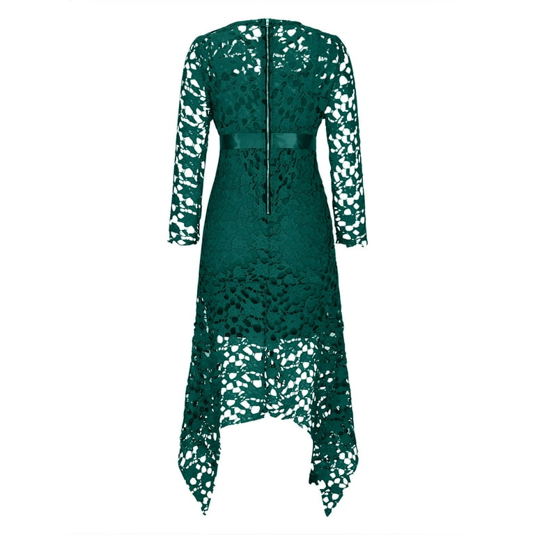 Easter Dresses Green Sexy Casual Solid Hollowed Out Asymmetrical Turtleneck Long Sleeve Dresses(Green/M)