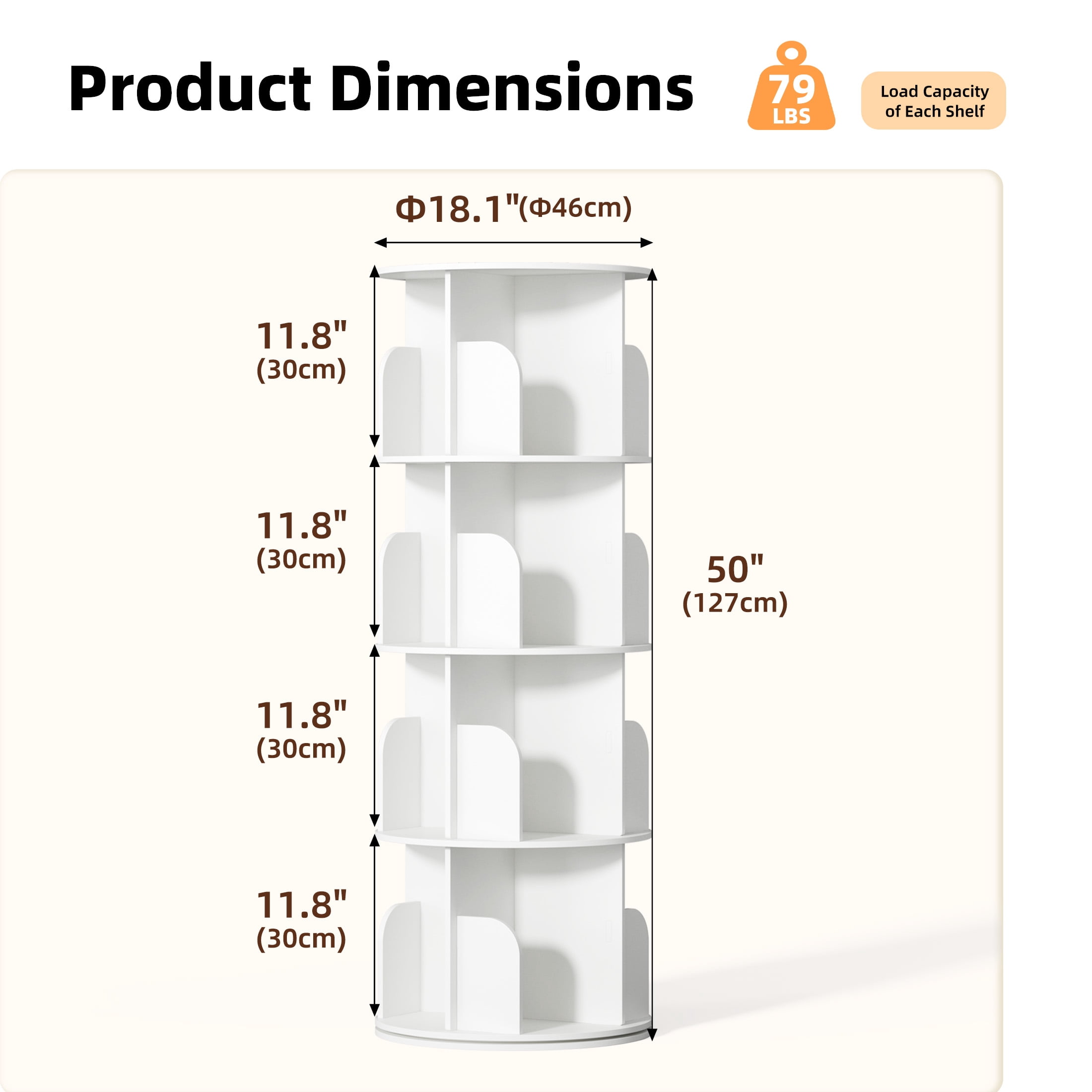 Gianna 4 Tier Rotating Bookshelf, 360 Display Floor Standing Bookcase Storage Rack, White