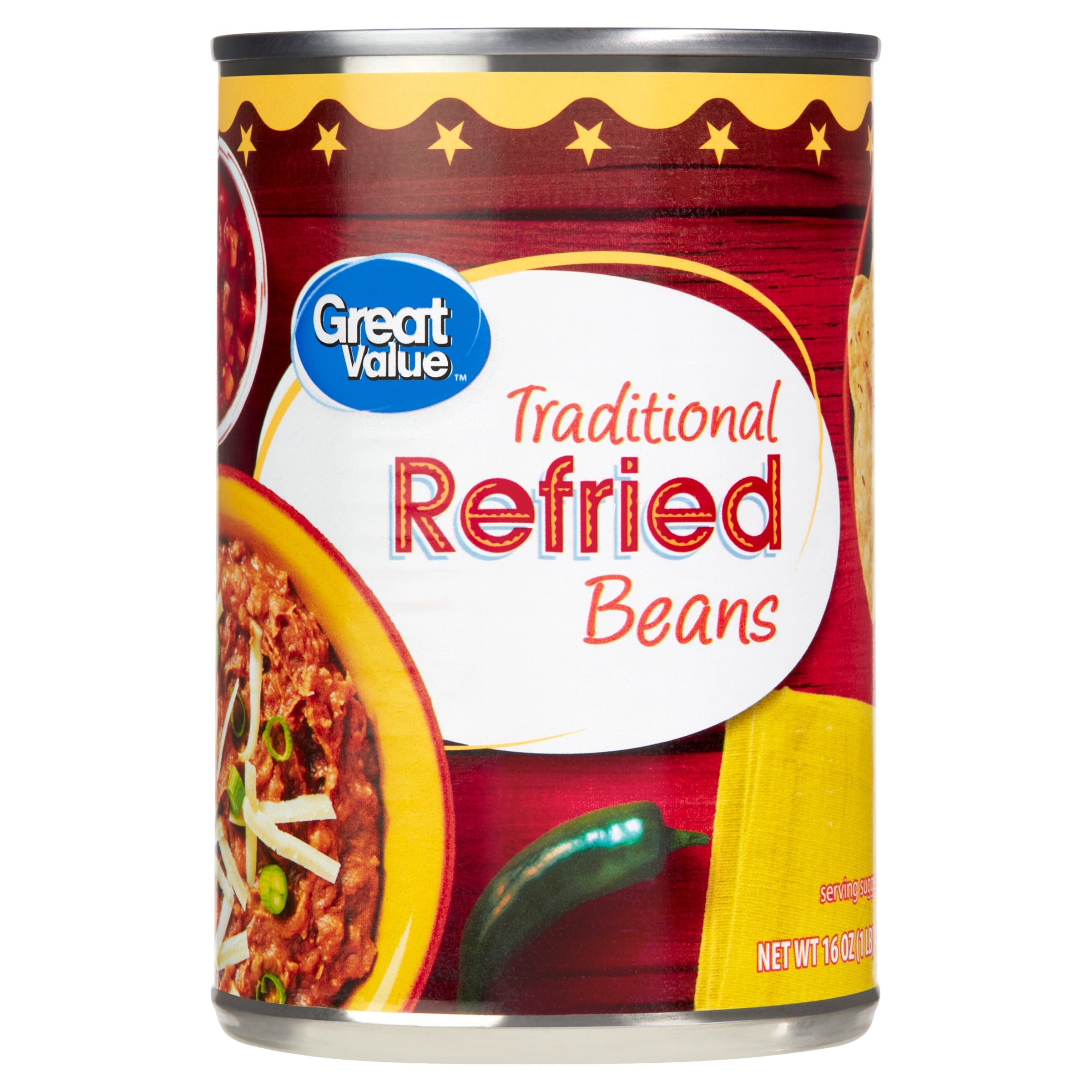 (6 pack) Great Value Traditional Refried Beans, 16 oz