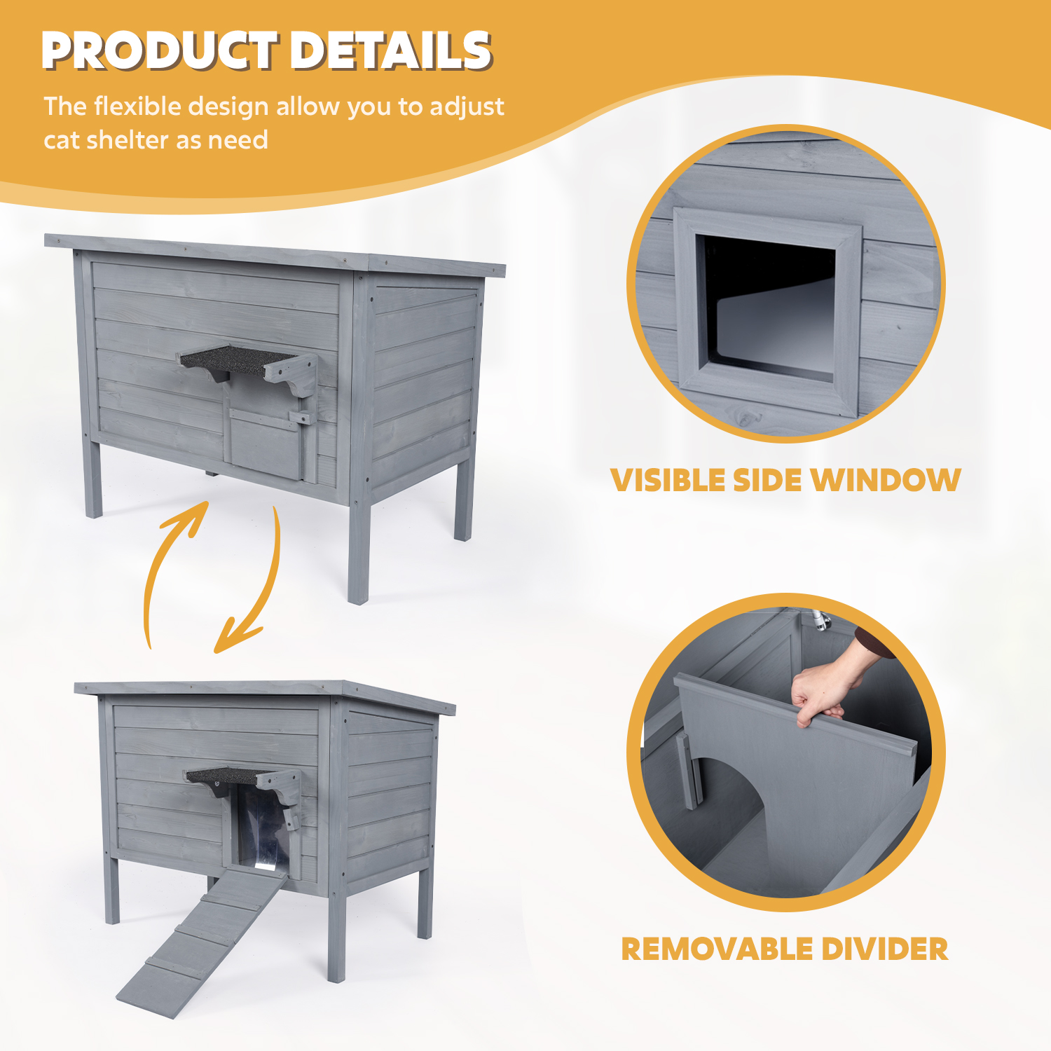 Hidpriva Insulated Wooden Outdoor Cat House, Weather-Resistant Feral Cat Shelter for Winter w/ Foldable Ladder & Visible Window, Gray