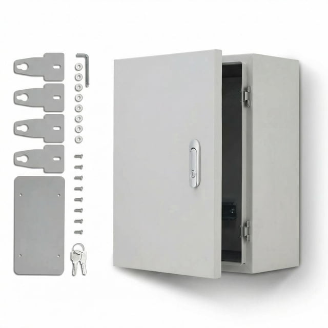 QinaQin Lockable Outdoor Electrical Box, NEMA 4X Steel Enclosure, IP67 Waterproof Dustproof Junction Box with Mounting Plate and Key for Indoor Outdoor