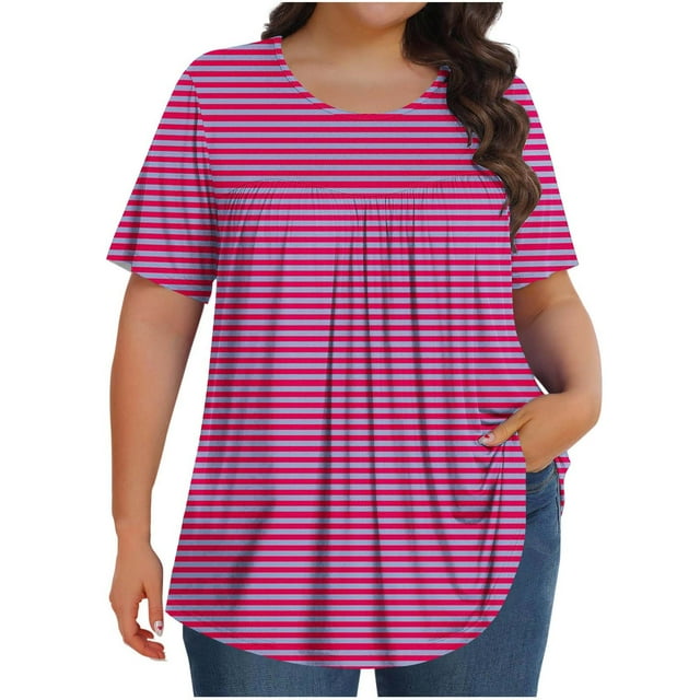 Olyvenn Hauts pour Femmes Grande Taille T-Shirts d'Été Basiques Manches Courtes Col Rond Tunique Décontractée Coupe Ample T-Shirts de Plage à Rayures Graphiques Rose Vif TG