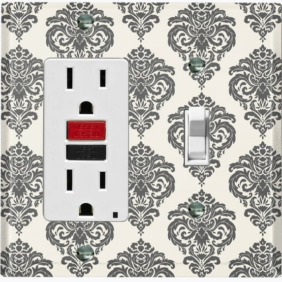 Metal Light Switch Plate Outlet Cover (Damask Black Tan Pattern - Single Rocker Single Toggle)