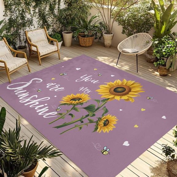 Violet Sunshine Sunflower Outdoor Rug for Patio/Deck/Porch, Non-Slip Large Area Rug 3 x 5 Ft, Pastoral Bees Farmhouse Floral Indoor Outdoor Rugs Washable Area Rugs, Camping Rug Carpet Runner
