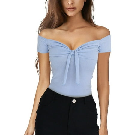 Girls Women Off Shoulder Sexy Knot V-neck Formal Slim Stretch Fitted Top (Best Stretches For Tight Neck And Shoulders)