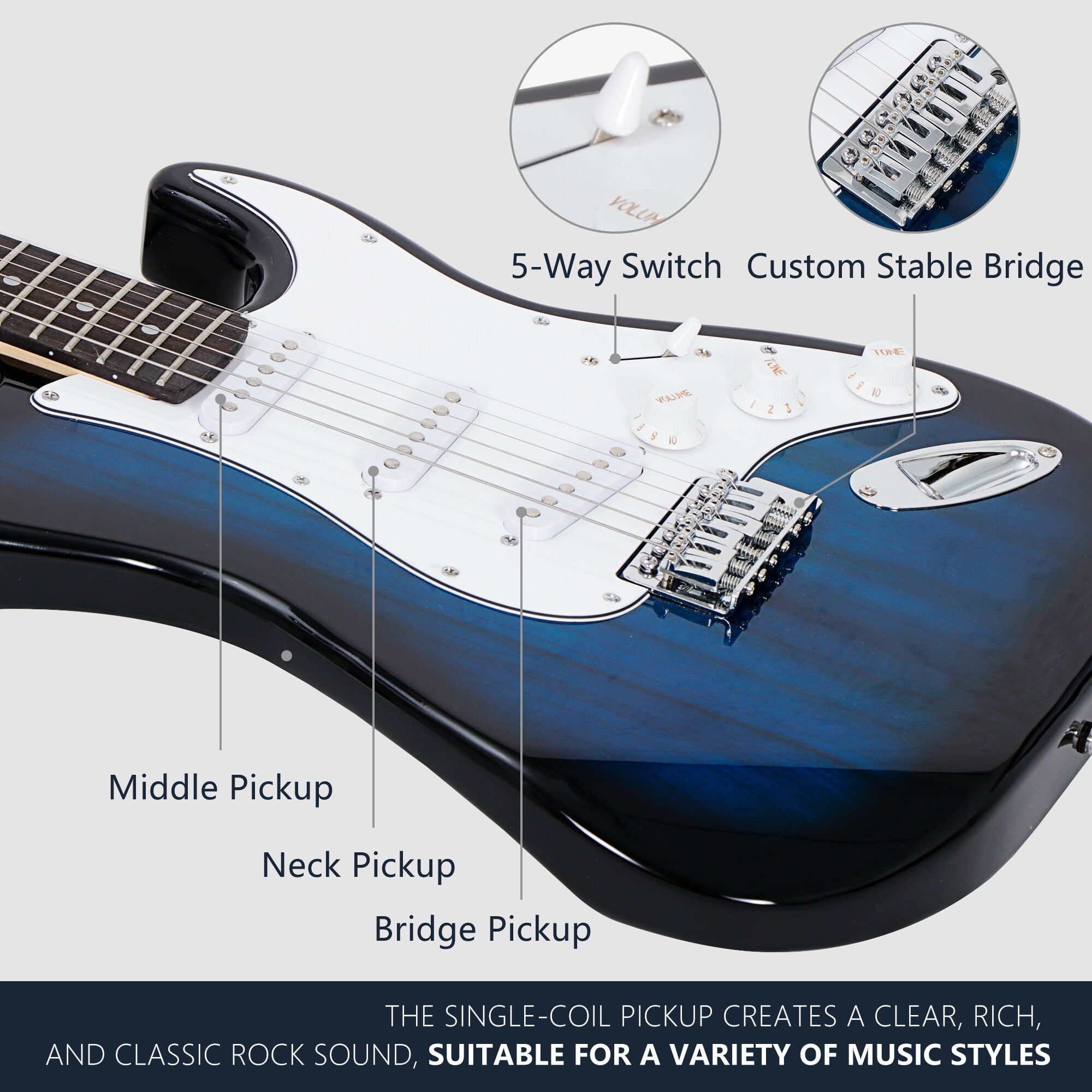 ZenSports 39-inch Full Size Electric Guitar for Beginner W/Amp & Accessories Pack, Right-Handed Blue