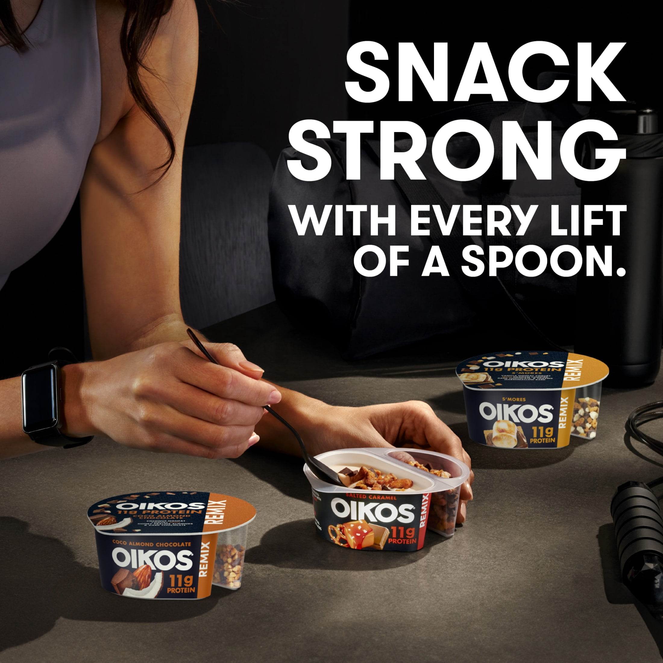 Oikos REMIX S'mores 11g Protein Vanilla Nonfat Greek Yogurt with Graham Cookies, Dark Chocolate and Toasted Marshmallow Bark Mix-Ins, 120 Calories, Great for Office Snacks, 4.5 oz Cup