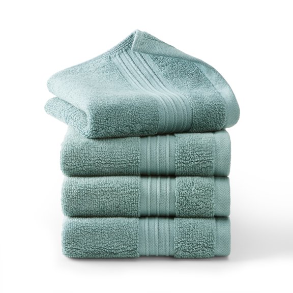 TOWN & COUNTRY EVERYDAY 4-Piece Solid Dobby Border Washcloth Set, 13"x13", 100% Cotton, Plush & Absorbent 650GSM, Aqua Blue