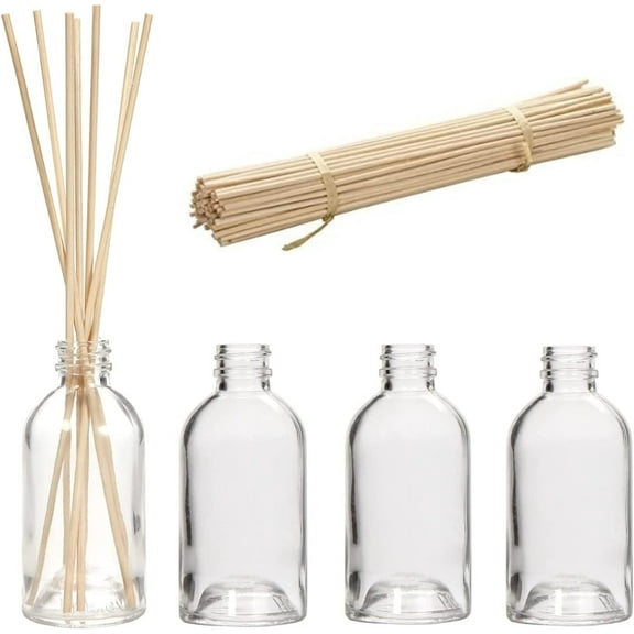 Hosley Set of 4 Diffuser Boston Round Style Glass Diffuser Bottles 85 Milliliter with Bulk Pack of 100 Rattan Diffuser Reeds 8.75" High, Diffusers Craft Projects Wedding Party
