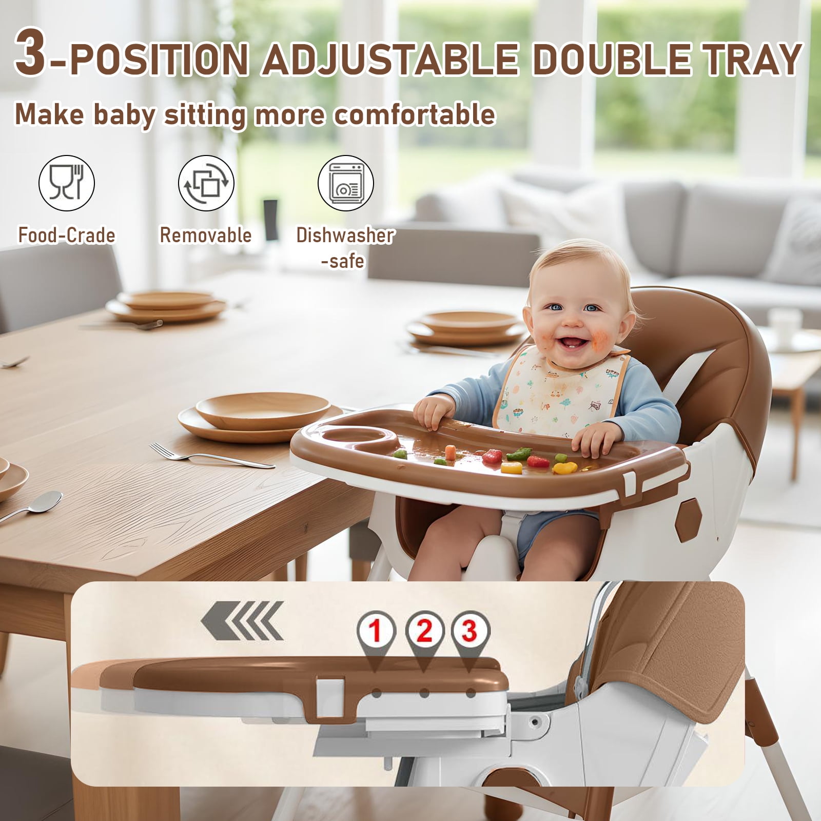 ManyFun-4-in-1 Baby High Chair Portable Toddler Baby Dining Chairs-Dining Booster Seat for Eating-Dinner Plate and Toy Rack,Brown