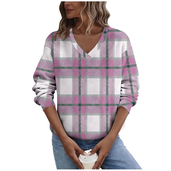 qucoqpe Plus Size Fleece Plaid Sweatshirt for Women Casual V Neck Long Sleeve Shirts Womens Fall Winter Pullover Tops