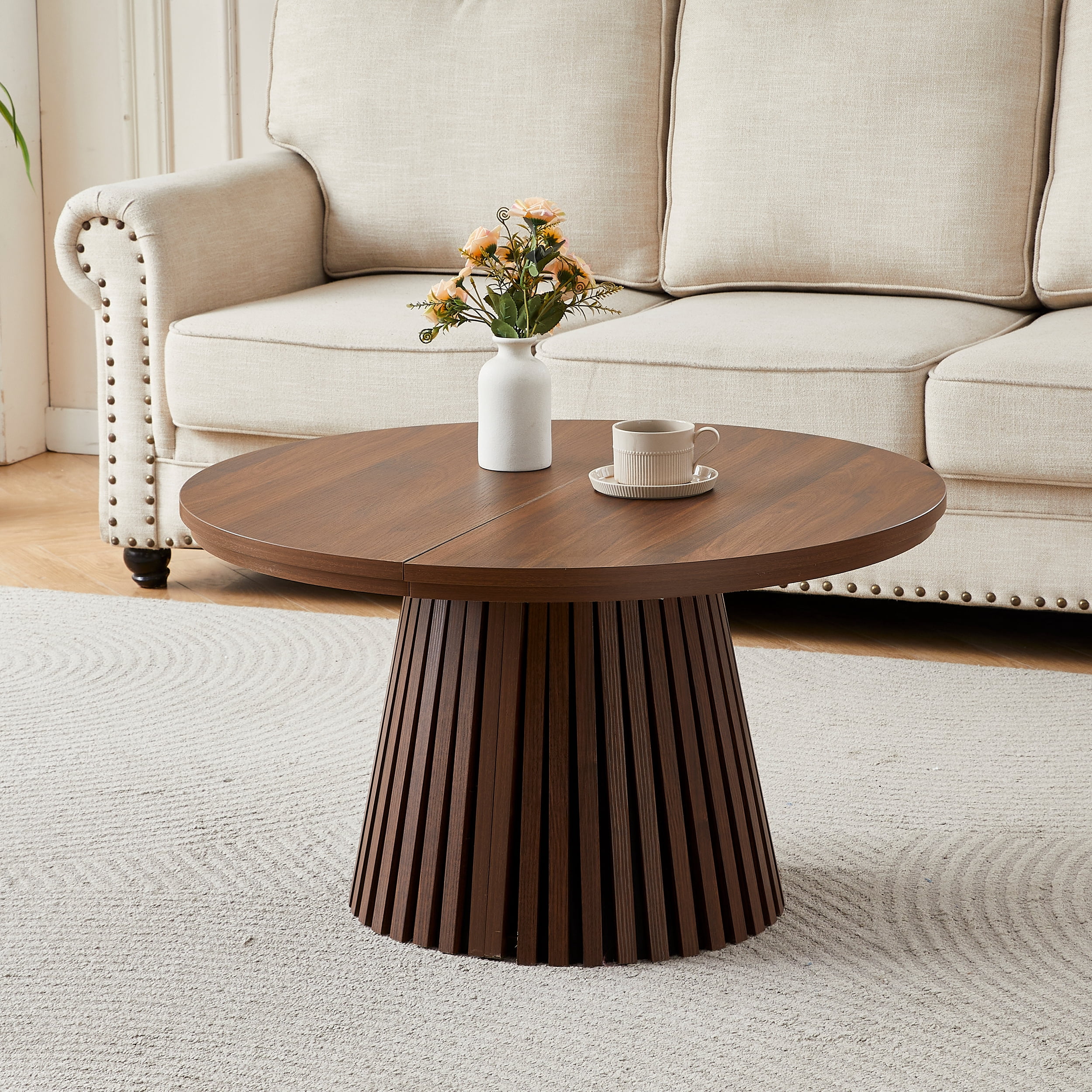 Extendable Round Coffee Table 55.12 Inch, Walnut Wooden Oval Table with Slatted Legs for Living Room Office, Walnut